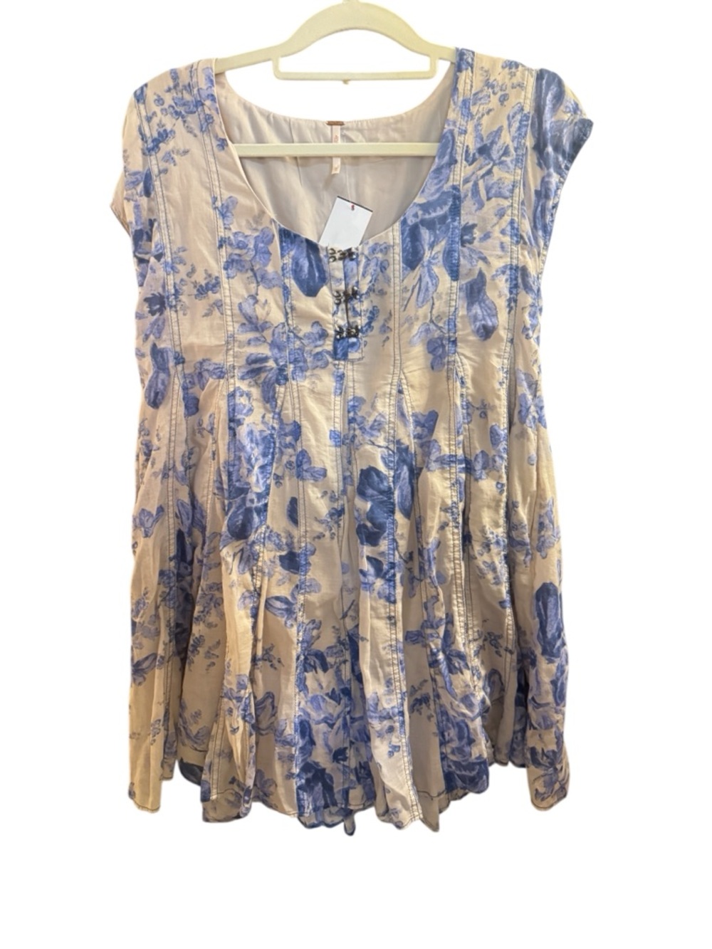 Free People Cream and Blue Floral Mini Dress XS Boho Coastal Cotton